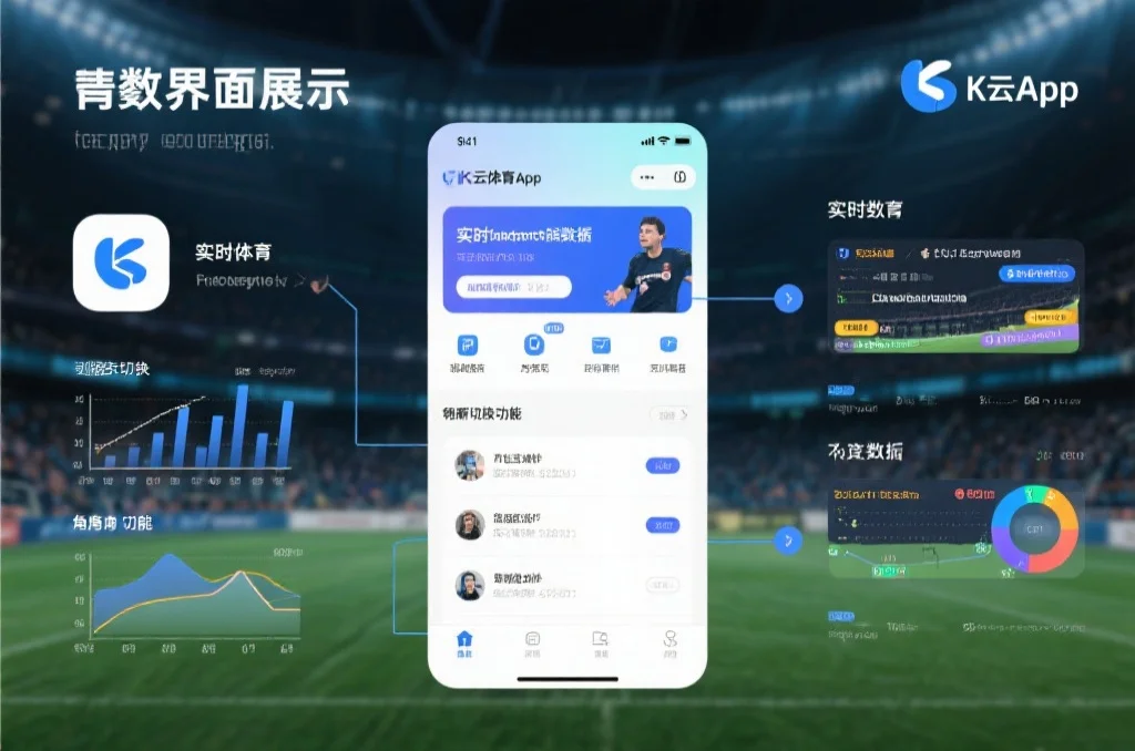 一个精美界面展示K云体育App的实时弹幕、数据分析和多角度切换功能,聚焦于创新科技感