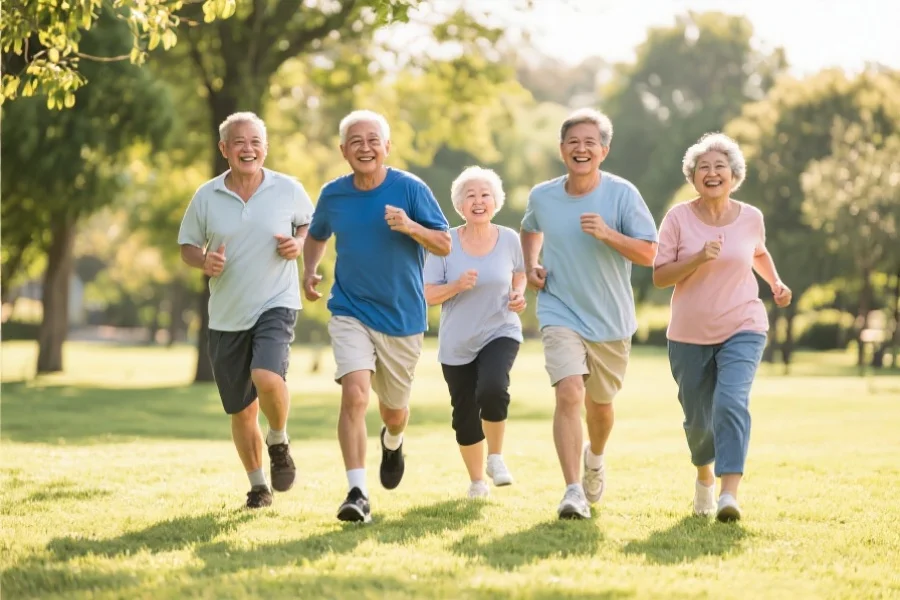 几位不同年龄的社区成员在户外公园一起慢跑,脸上洋溢着笑容和活力